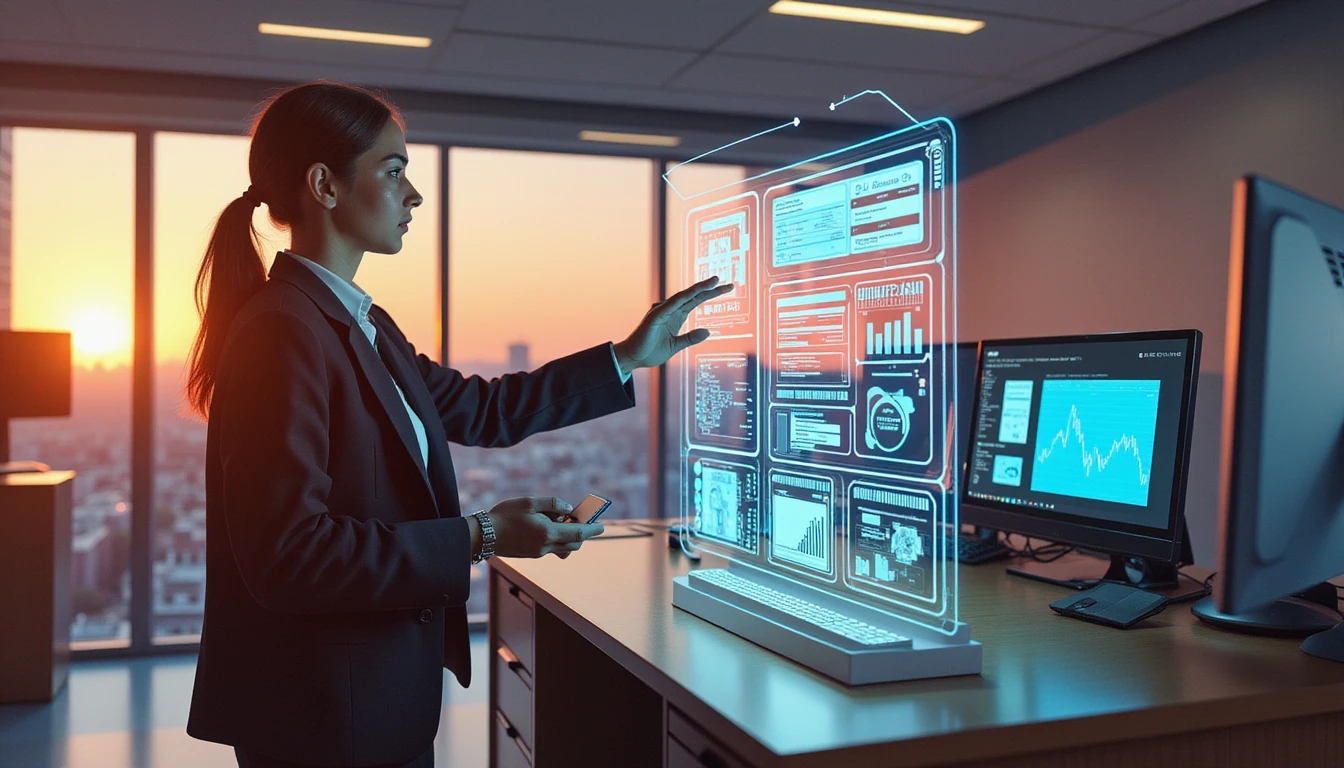 A professional uses a holographic AI interface in a high-tech insurance claims office, analyzing real-time fraud detection and claim data.