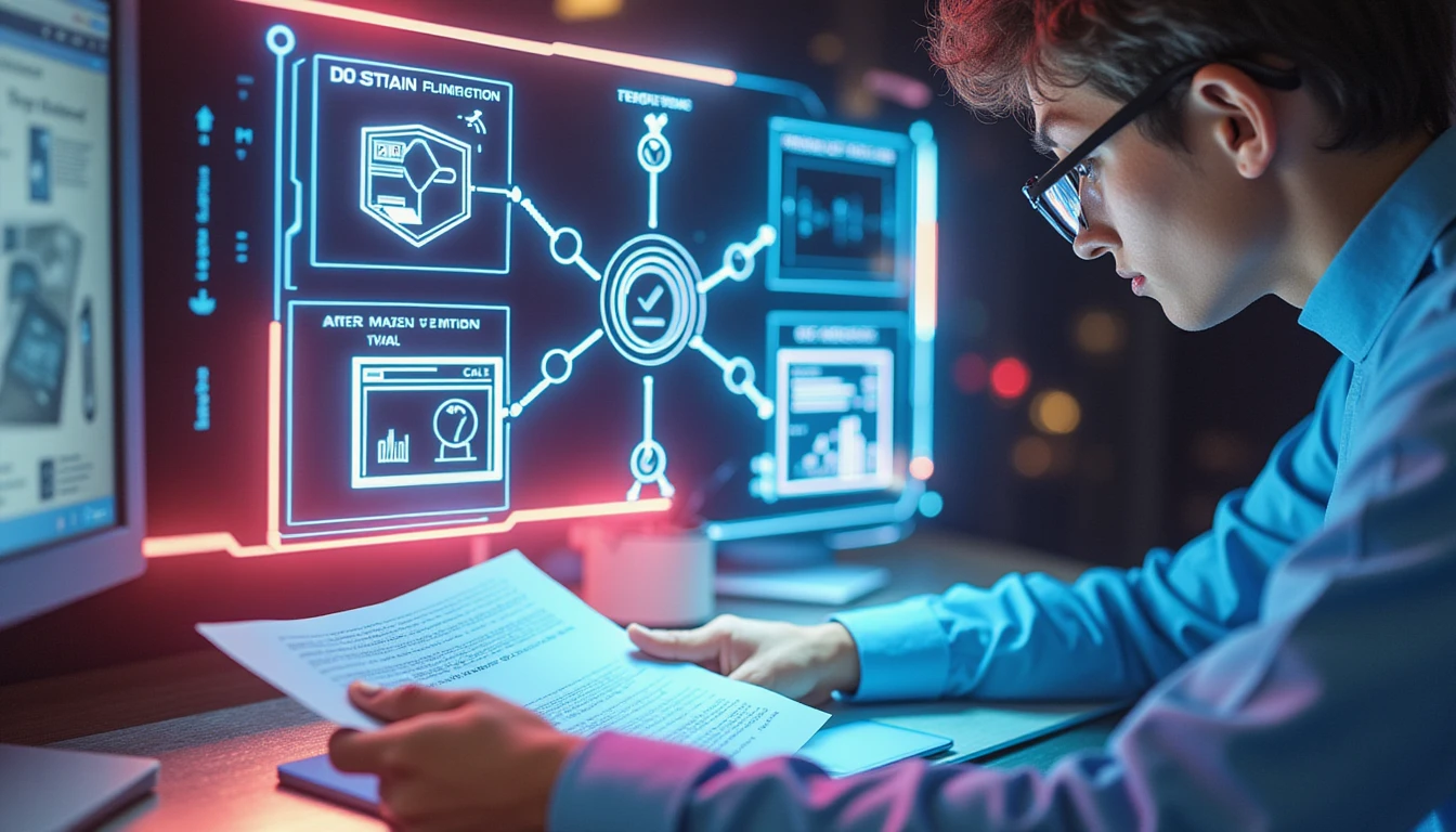 Futuristic insurance office with digital fraud detection interface, claim adjuster reviewing secure documents via VAARHAFT’s scanner