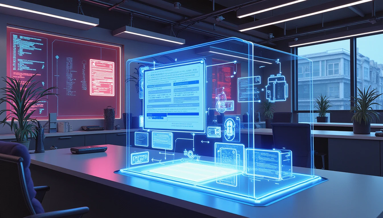 Futuristic AI insurance office with holographic document analysis, neon security visuals, and fraud mitigation displays.
