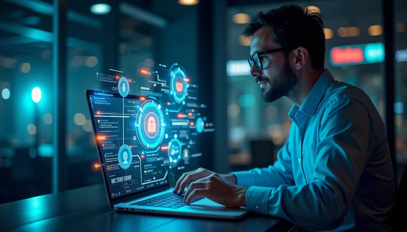 Insurance analyst reviews digital claim on neon-lit AI interface with holographic fraud detection visuals in secure office setting