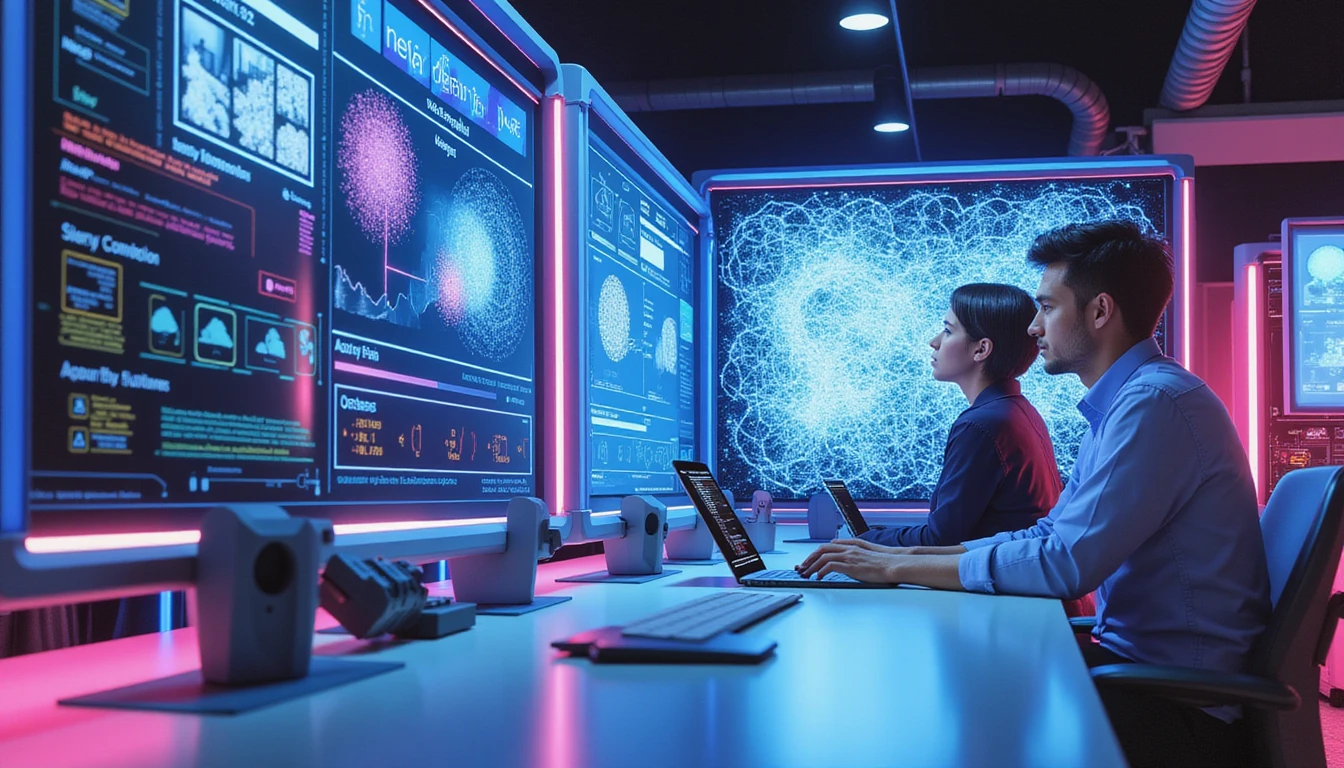 Product manager reviews digital image claims on a holographic screen in a neon-lit AI fraud detection office using VAARHAFT’s tools