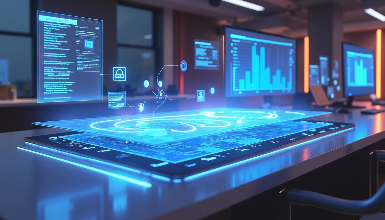 Futuristic office with neon-lit AI dashboard showing audit analytics, fraud detection, and holographic expense verification flow