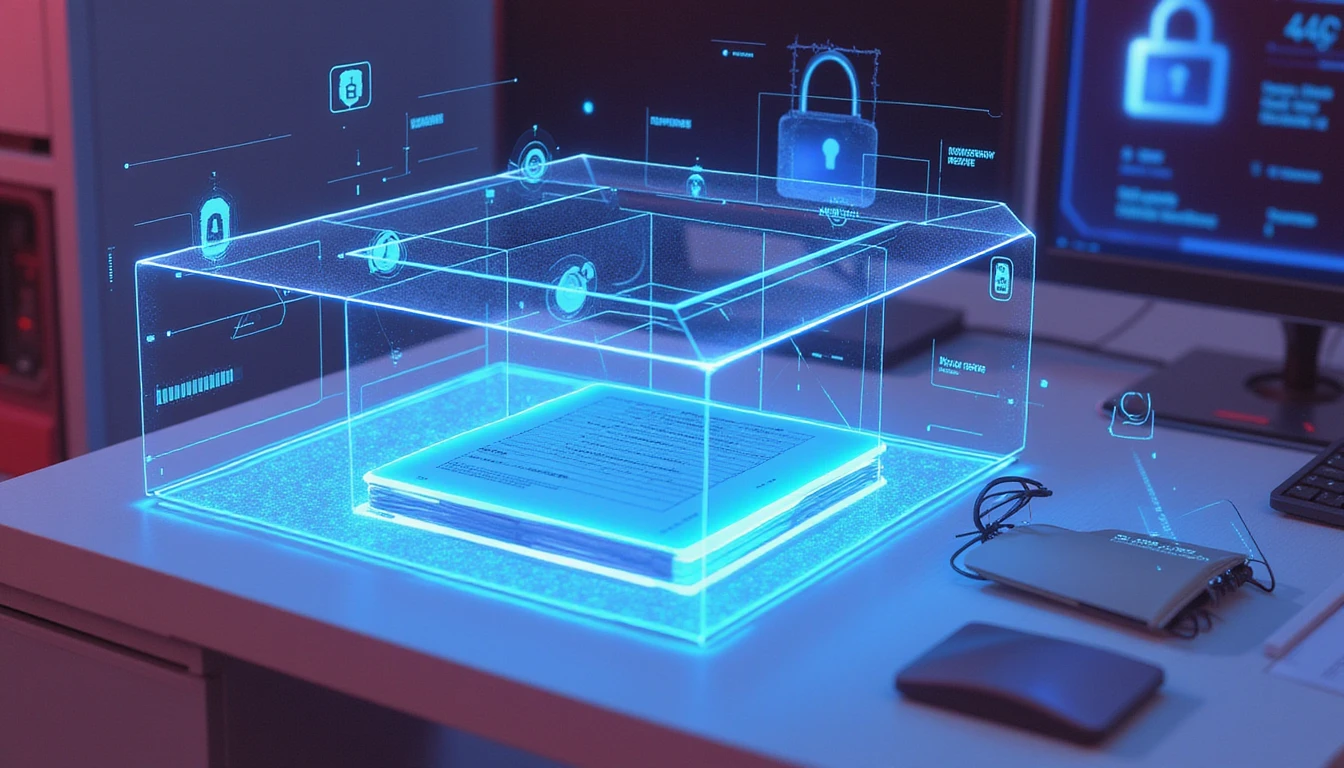 Futuristic insurance office with holographic fraud scanner analyzing a document amid neon-lit AI and data security visuals