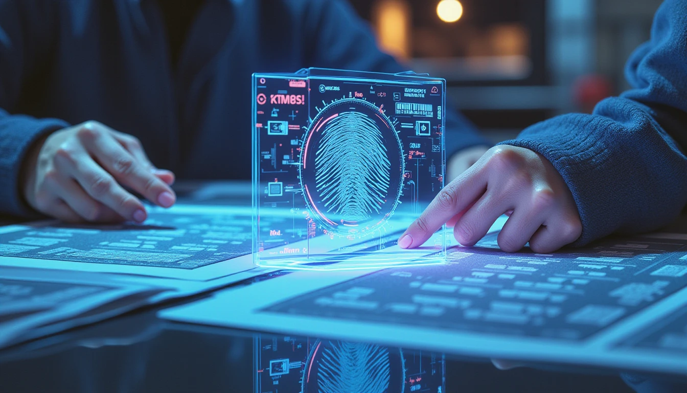 Macro shot of a high-tech AI workspace scanning documents with neon holograms, metadata, and cybersecurity visuals