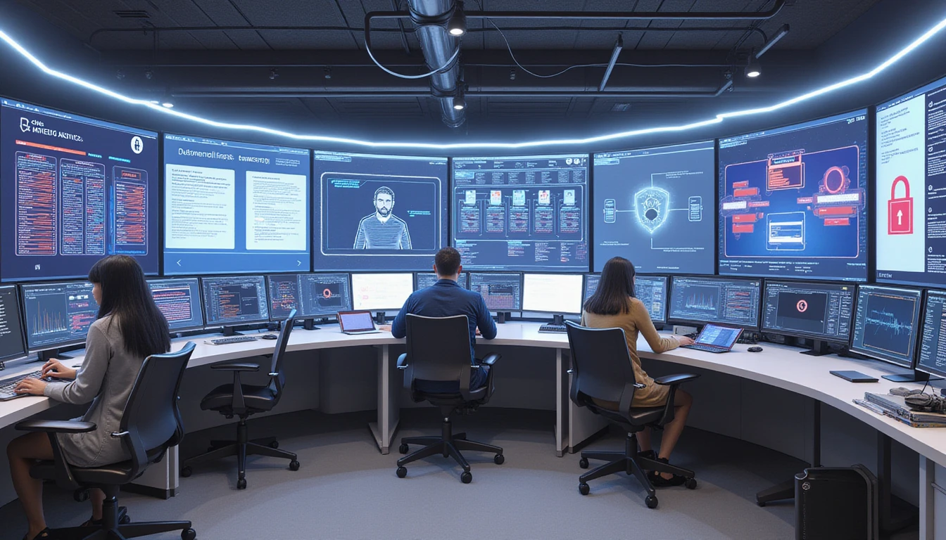 Futuristisches Versicherungsbetriebszentrum mit Fachleuten, die KI-gestützte Betrugserkennung und Dokumentvalidierungs-Workflows analysieren