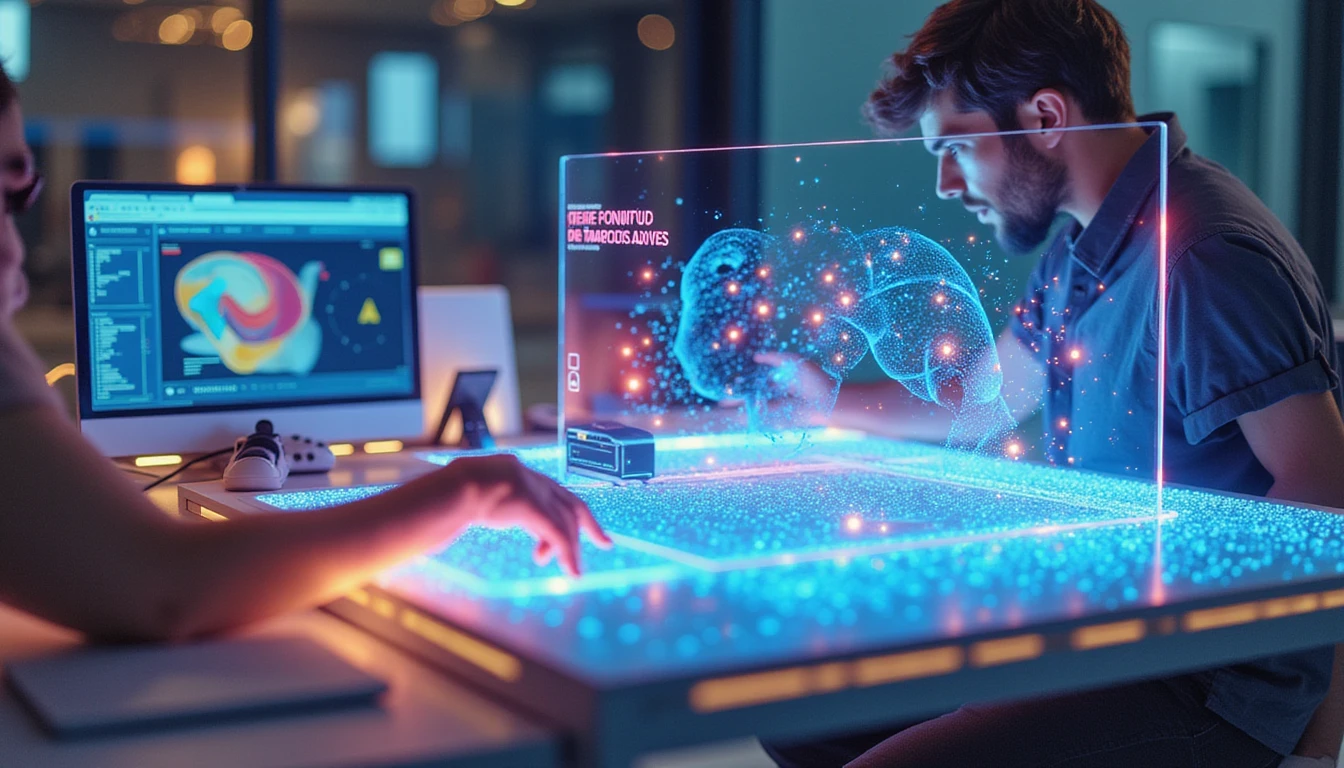 Futuristic insurance analyst reviewing fraud claims on a holographic interface with neon deepfake detection data overlay
