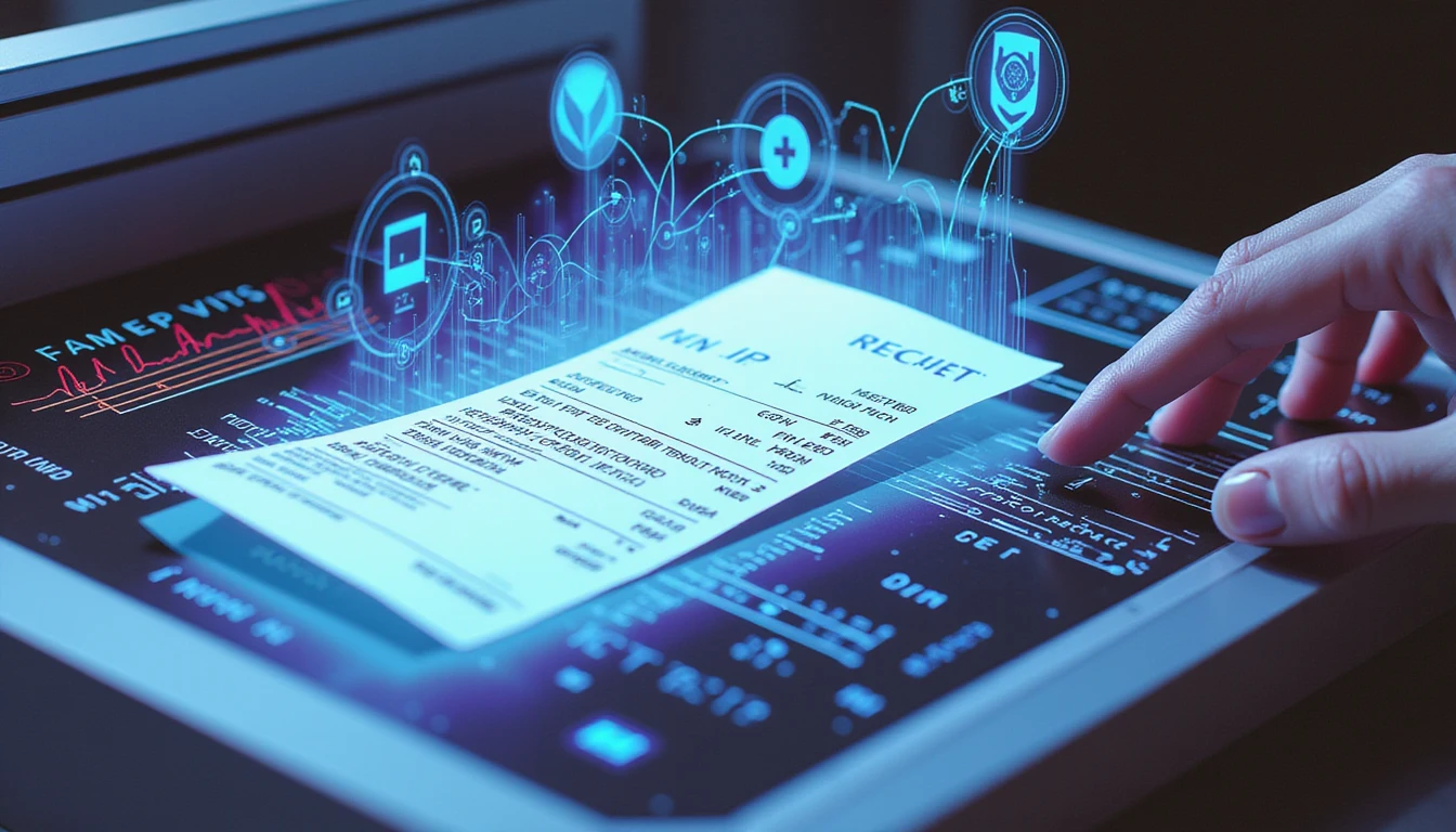 Futuristic AI device scans receipt with holographic fraud detection, highlighting data points in a sleek, secure digital workspace