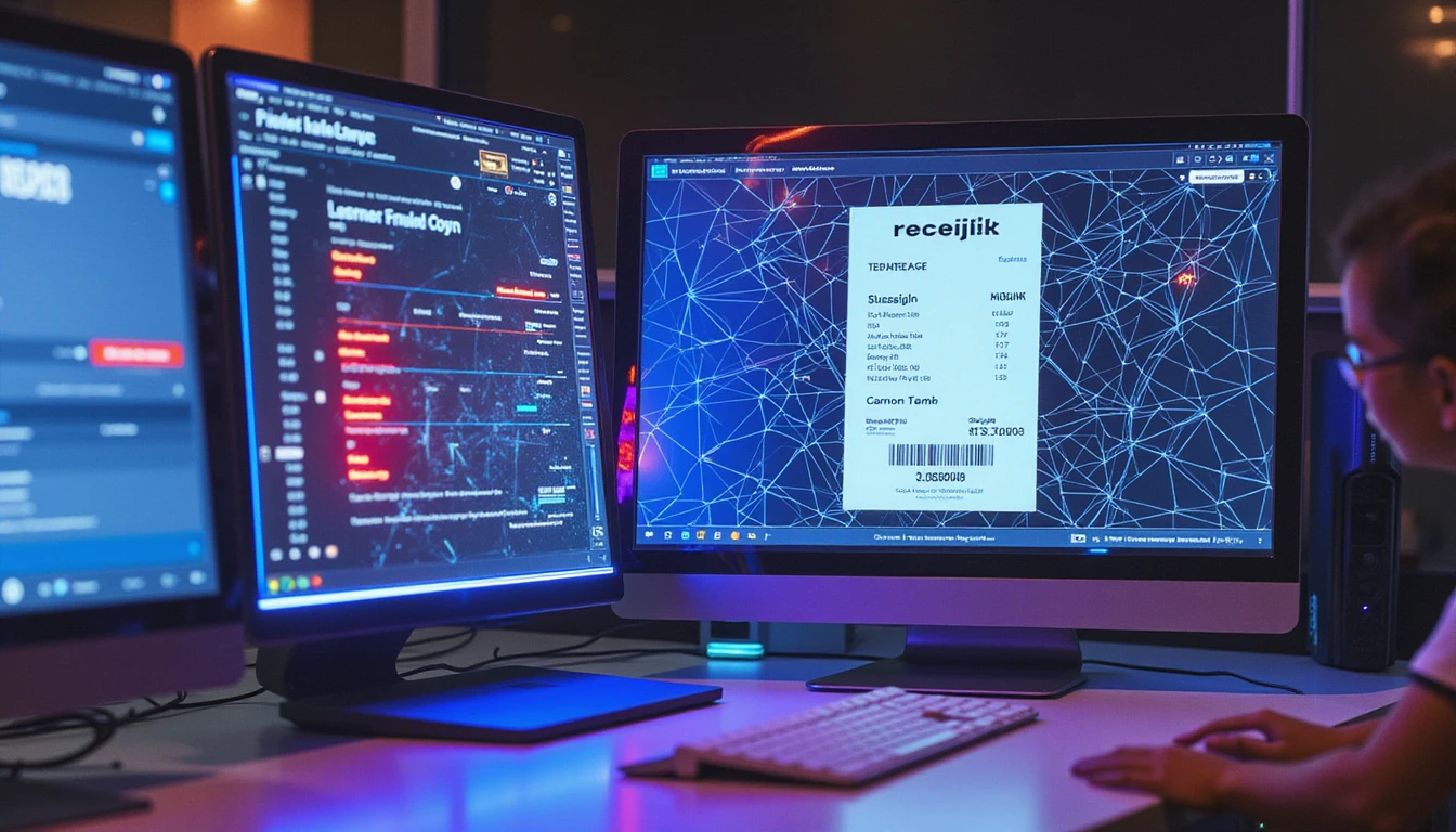 Futuristic workspace lit by neon screens, analyzing a digital receipt with holographic fraud detection visuals and AI overlays