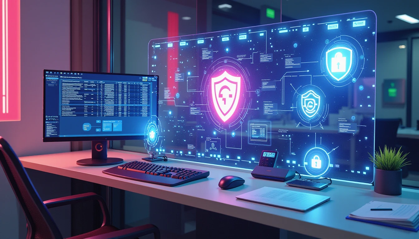 Futuristic workspace with document scanning software, holograms, and data flow visuals symbolizing secure AI-driven expense management