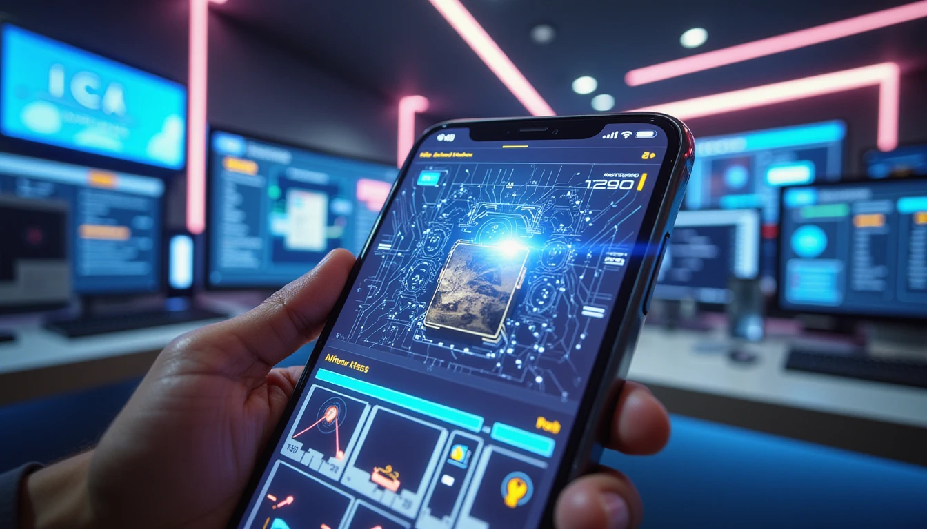 Close-up of smartphone showing AI-detected insurance claim fraud; futuristic interface and secure control room in background
