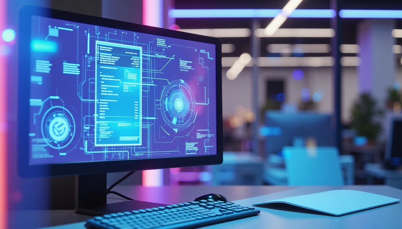 Futuristisches Büro mit digitaler Schnittstelle zur Analyse gescannter Belege zur KI-Betrugserkennung und Datensicherheitskonformität