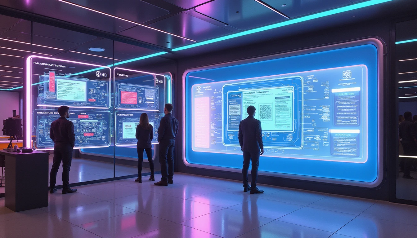 Futuristic insurance office with AI-driven touchscreens showing fraud detection, document verification, and analytics processes