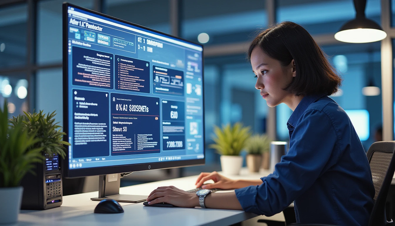 Professional in modern backlit office analyzing AI-powered interface for real-time document fraud detection and expense validation