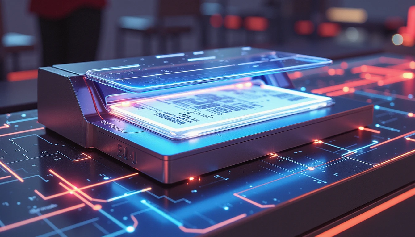 Futuristic digital scanner analyzing documents with neon-glow data layers, AI overlays, and secure fintech visual elements