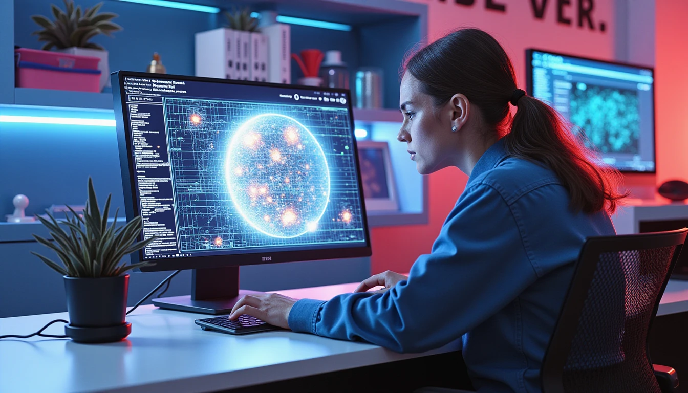 Futuristic insurance office with neon-lit AI interface analyzing image data for anomaly detection and fraud prevention