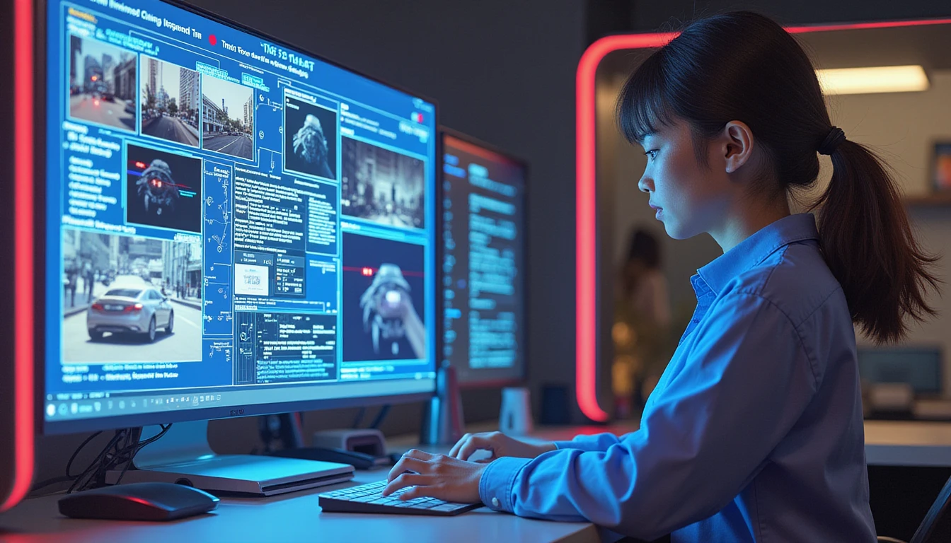 Insurance analyst reviews digital claims on touchscreen amid AI-driven fraud detection overlays and holographic data insights