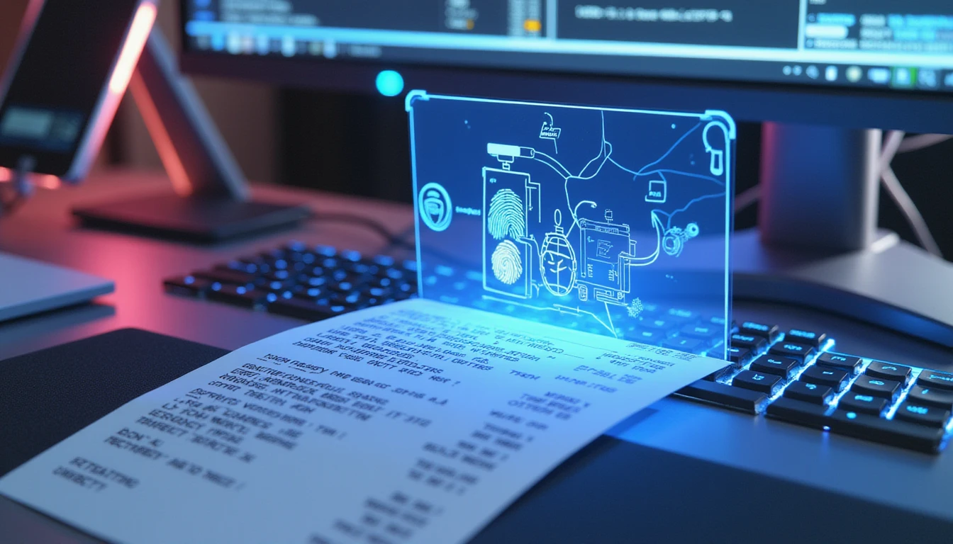 Futuristic workspace showing AI-driven receipt scanning with neon-blue fraud detection overlay and real-time verification elements