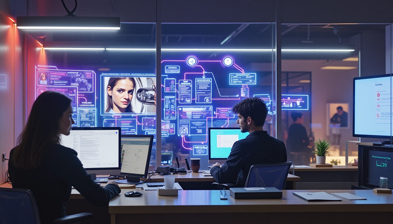 Versicherungsagent analysiert verdächtigen Anspruch mit KI-gesteuerter holografischer Betrugserkennung in neonbeleuchtetem digitalem Büro bei Nacht