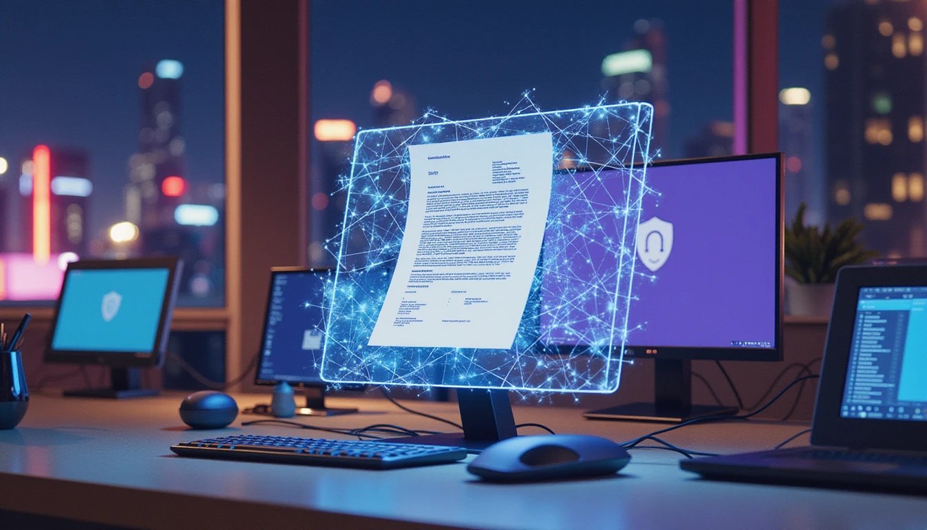 Futuristic digital workspace with neon-lit screens, AI shield over receipt, symbolizing secure, real-time fraud detection.
