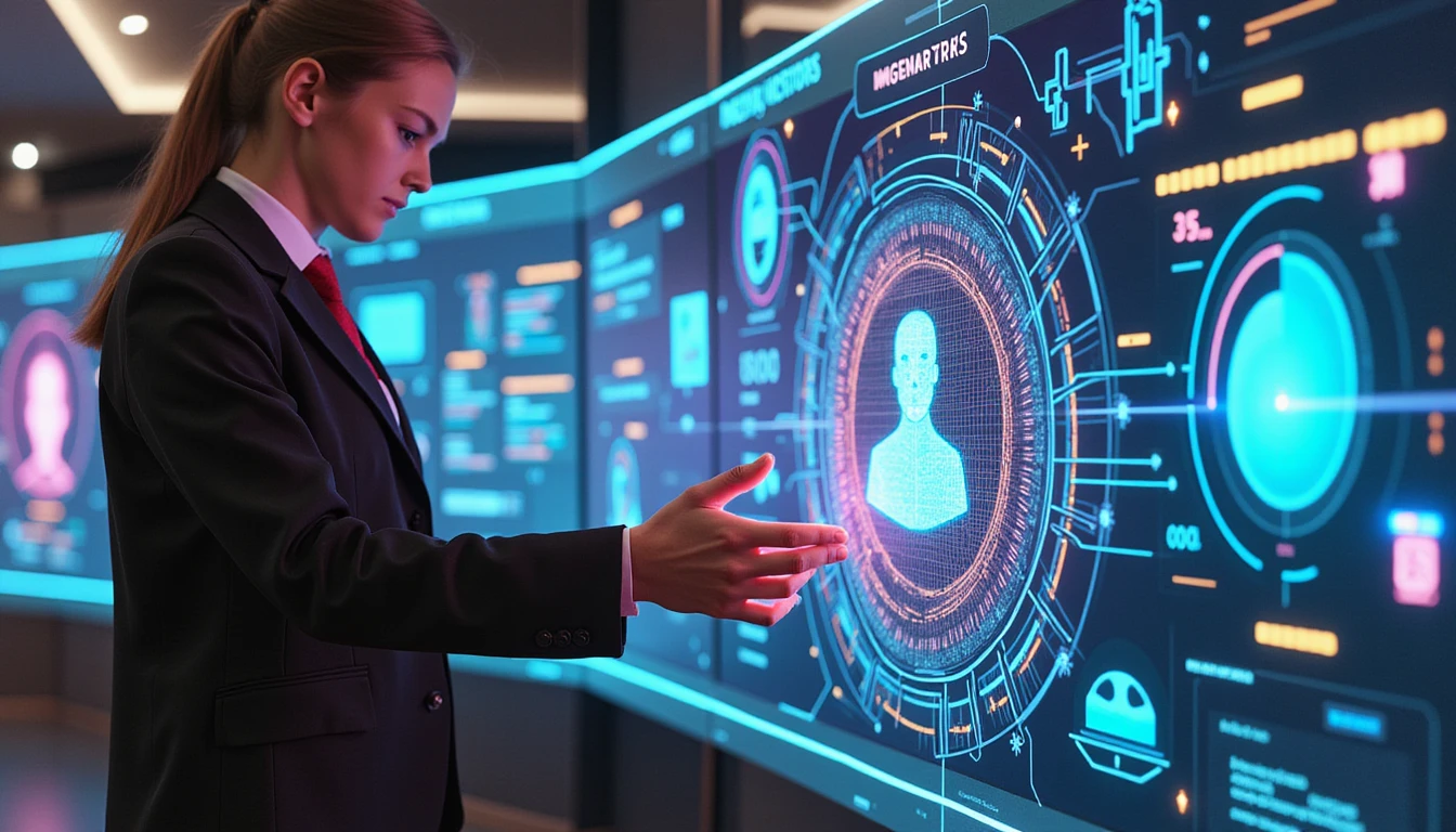 Professional in futuristic insurance office uses glowing AI interface showing image verification, fraud analytics, and GDPR metrics