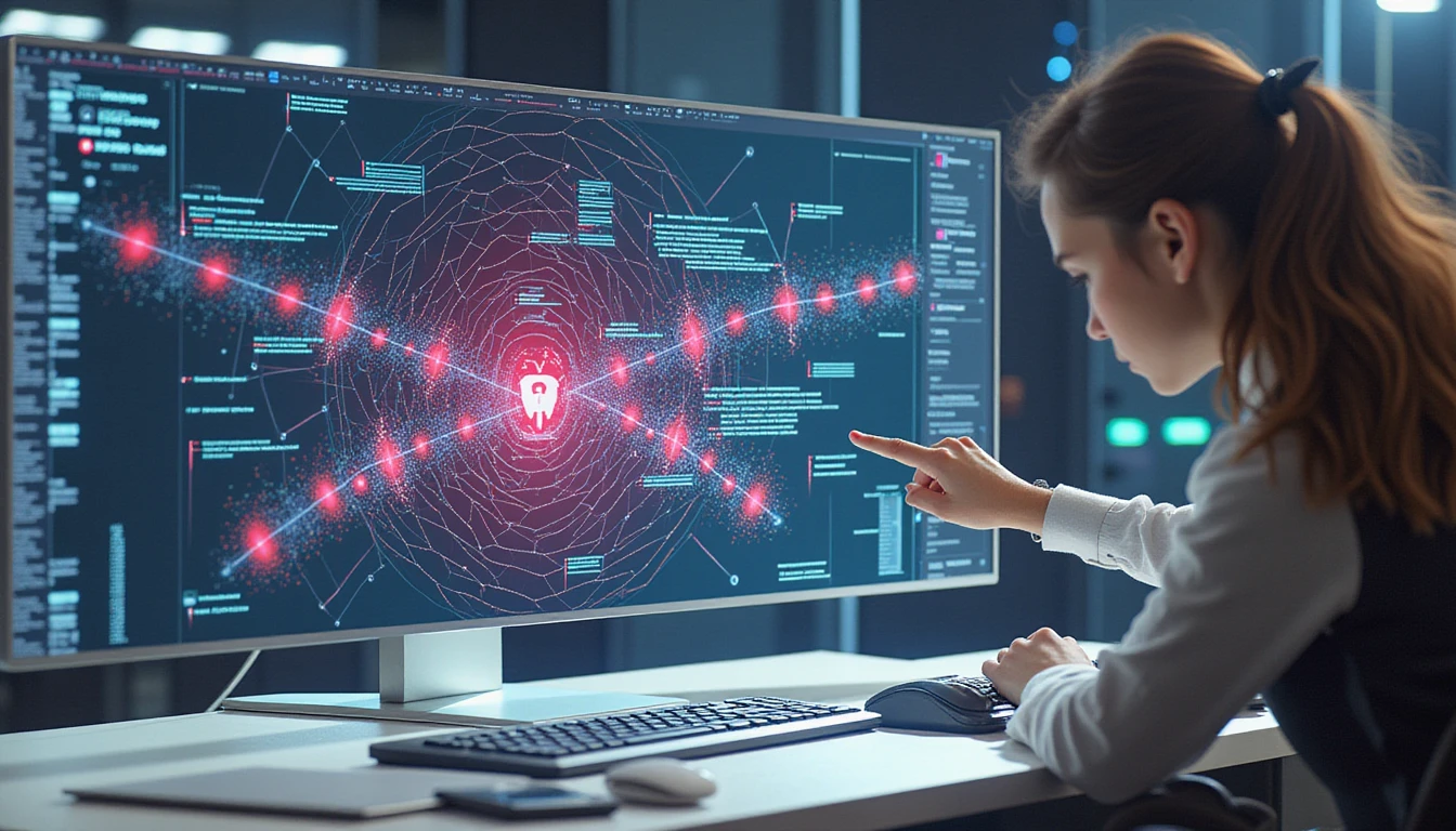 Futuristic insurance pro analyzing digital docs on holographic interface with AI fraud detection and GDPR-compliant data environment