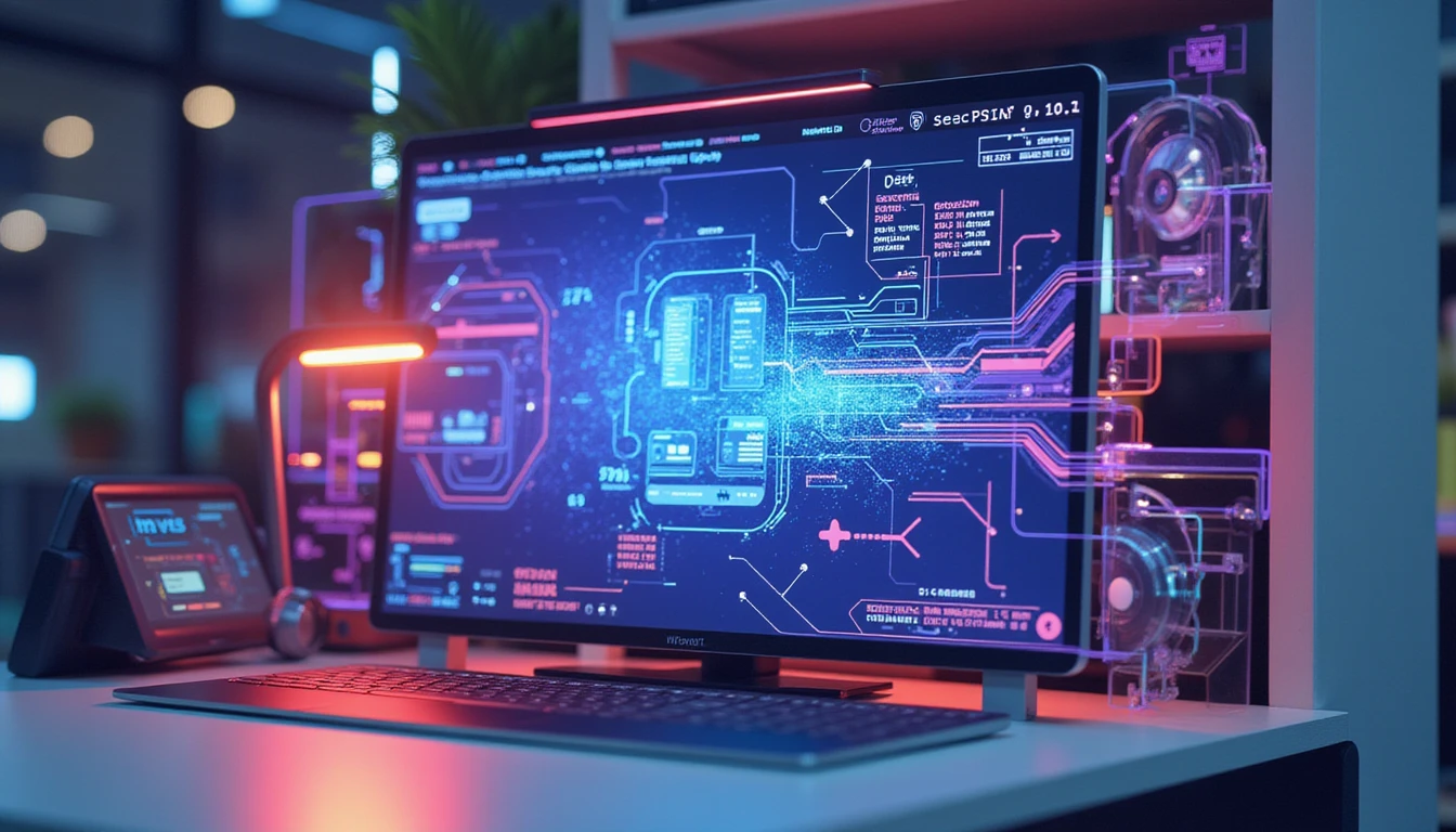 Futuristic macro view of a neon-lit AI workspace visualizing secure receipt analysis and real-time fraud detection data flow