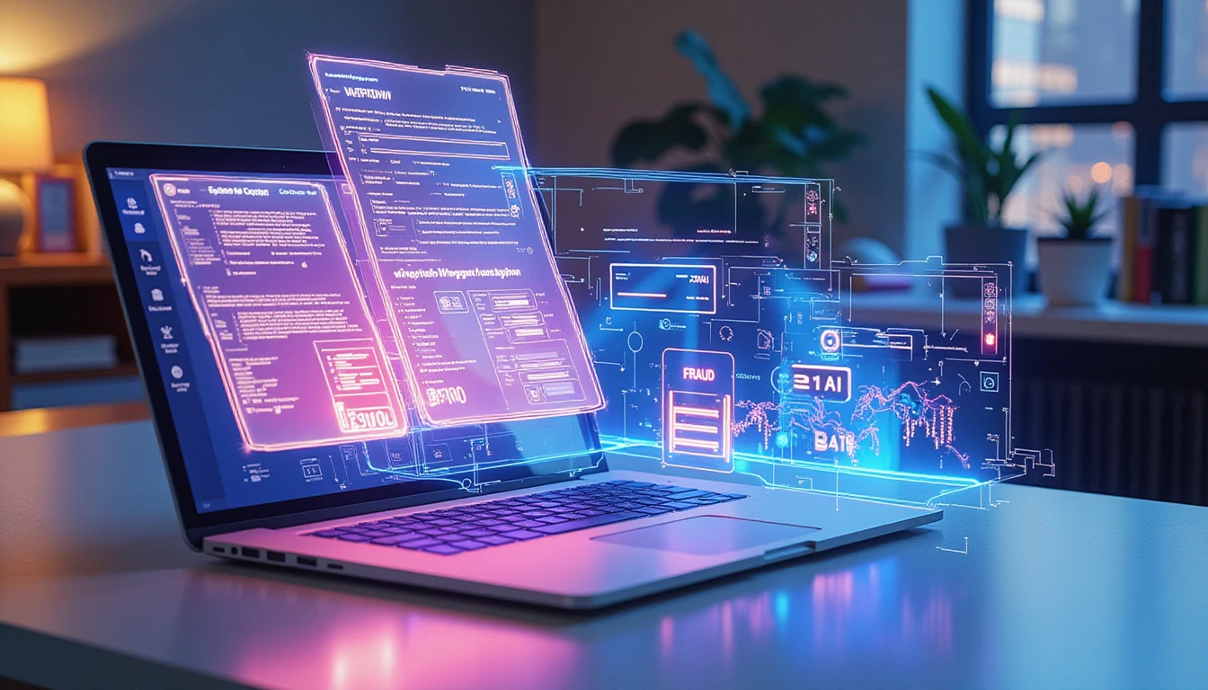 Futuristic office with AI-powered fraud detection analyzing glowing digital receipts and expense reports in real time.
