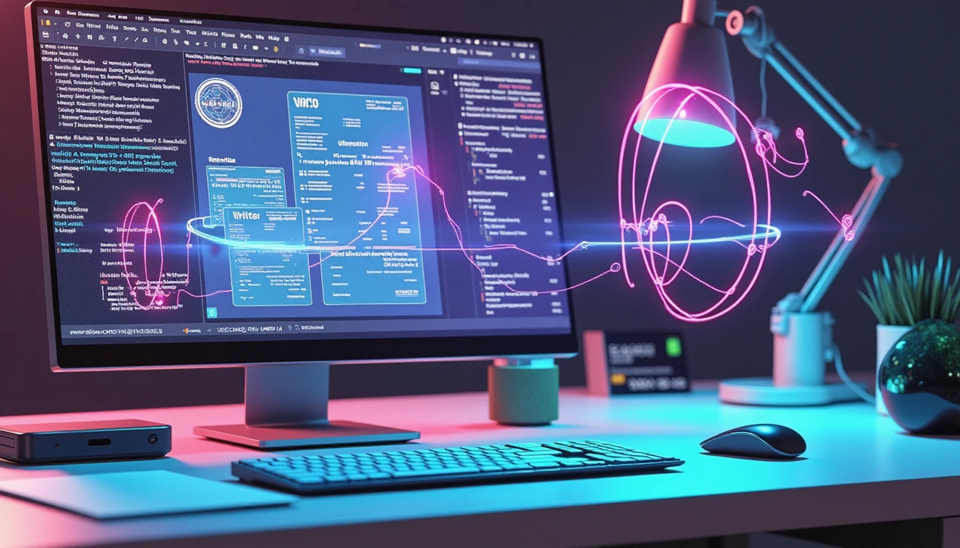 Futuristic digital workspace showing AI-powered fraud detection with holographic data visuals and secure API integration.