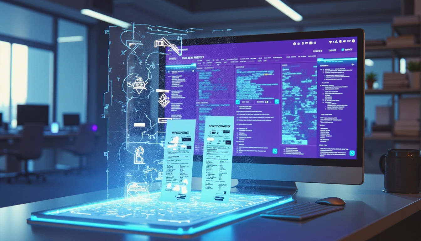 Futuristic office with holographic dashboard showing AI receipt fraud detection and real-time document analysis by VAARHAFT