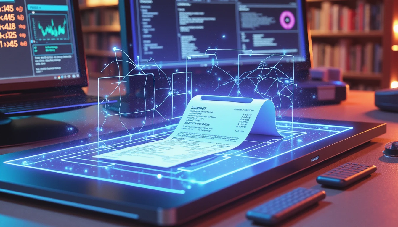 Futuristic audit workspace with holographic receipt analysis, neon data verification diagram, and AI-driven fraud detection tools