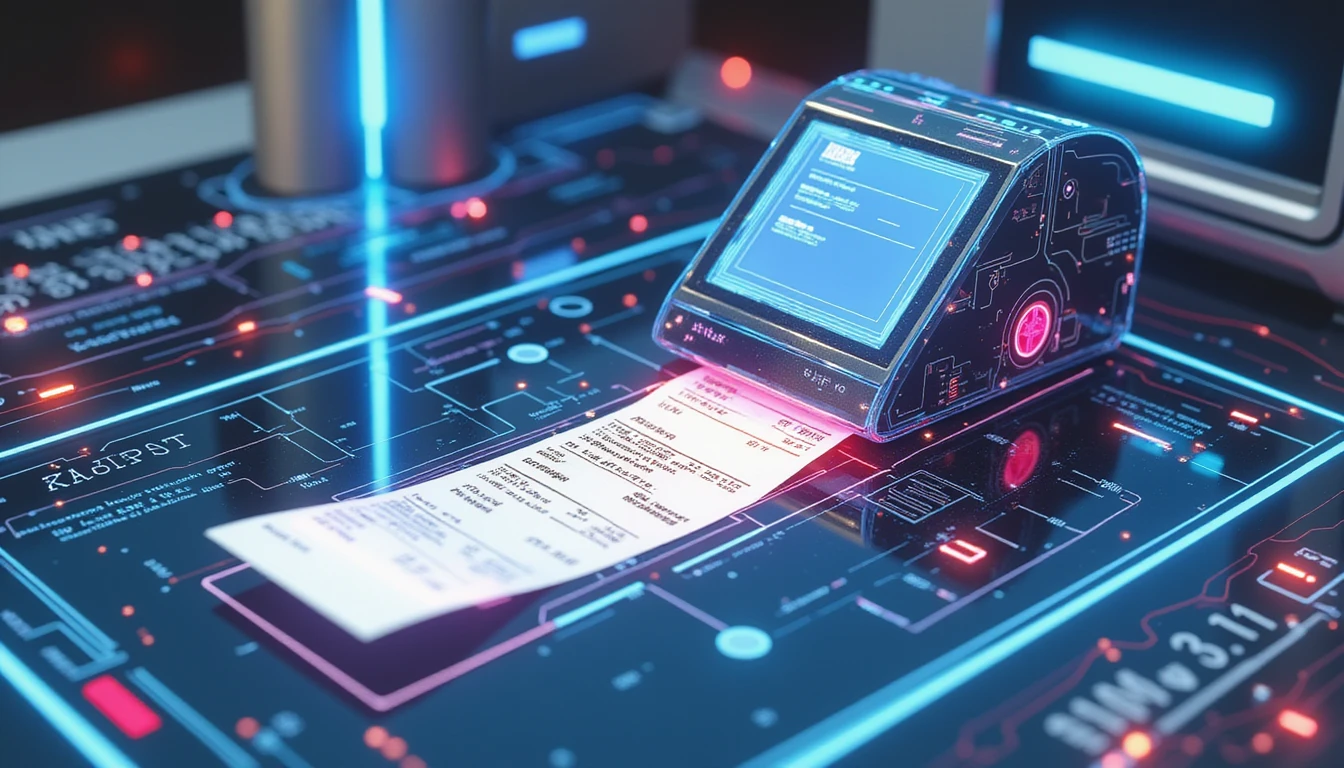 AI interface scanning a digital receipt with holographic overlays in a neon-lit, secure futuristic office workspace