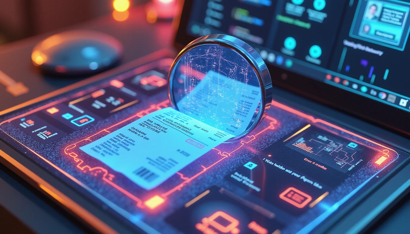 Futuristic digital workspace with AI scanning a digital receipt, holographic interface, and cloud-based fraud detection system