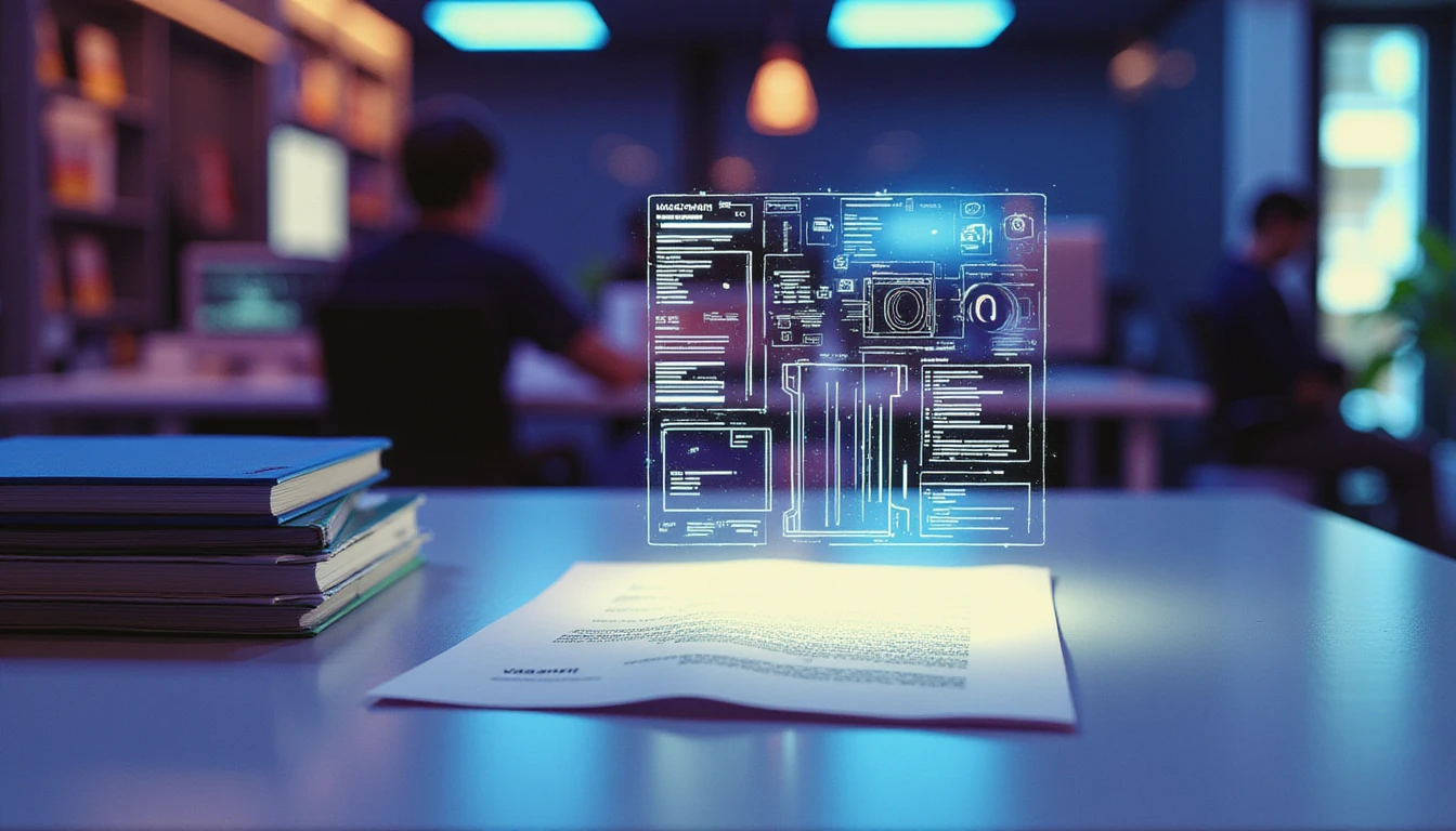Futuristic AI fraud scanner analyzing a document in a neon-lit office, with digital overlays symbolizing data security and trust