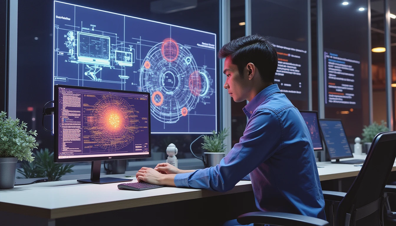 Security analyst reviews detected fraud on neon-lit screen in high-tech insurance office with AI-powered holographic interface