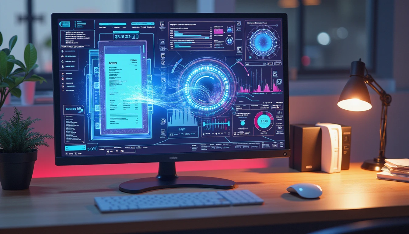 Office desk with futuristic fraud detection dashboard on screen, neon data streams illustrating AI-driven financial verification