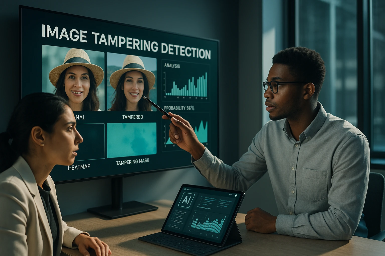 Eine technikaffine Person untersucht digitale Bilder auf einem Bildschirm und hebt Techniken zur Erkennung von Bildmanipulation durch KI hervor.