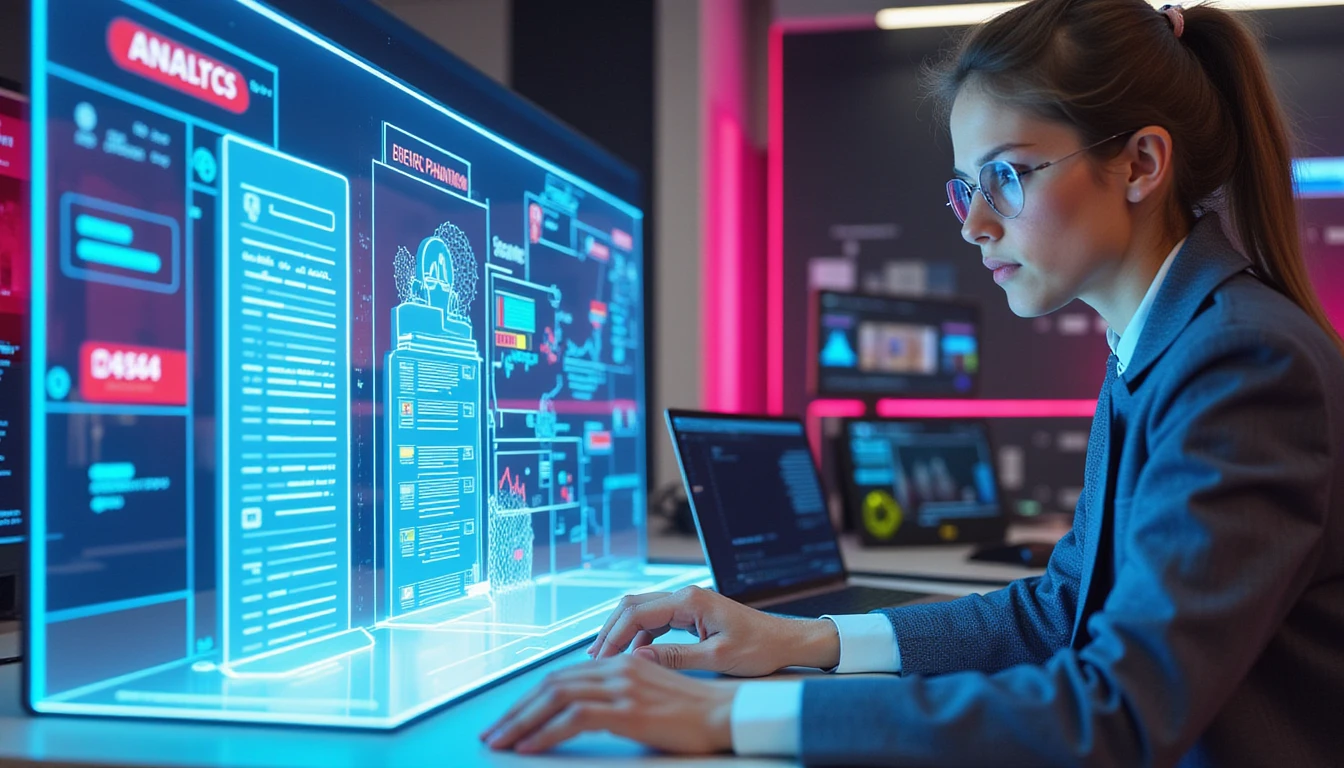 Business professional reviews holographic expense report with AI fraud alerts in a neon-lit digital workspace setting