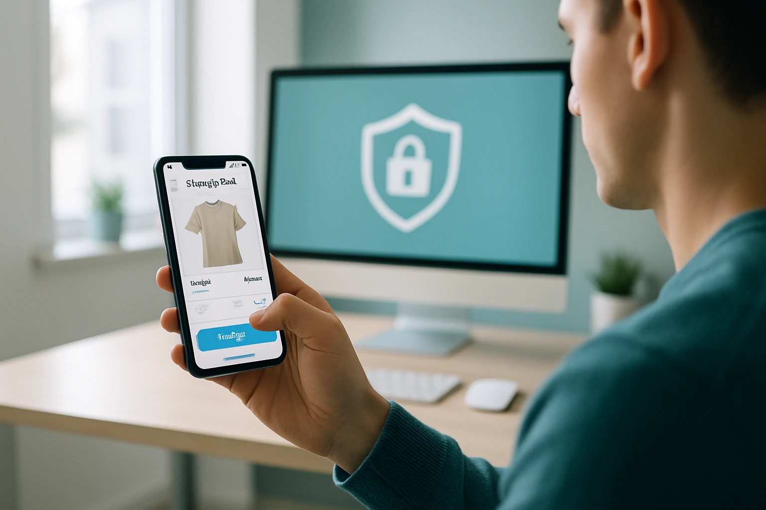 Vertrauen und Sicherheit in E-Commerce durch KI-Grafiken visualisiert, die eine sichere Online-Shopping-Umgebung darstellen.