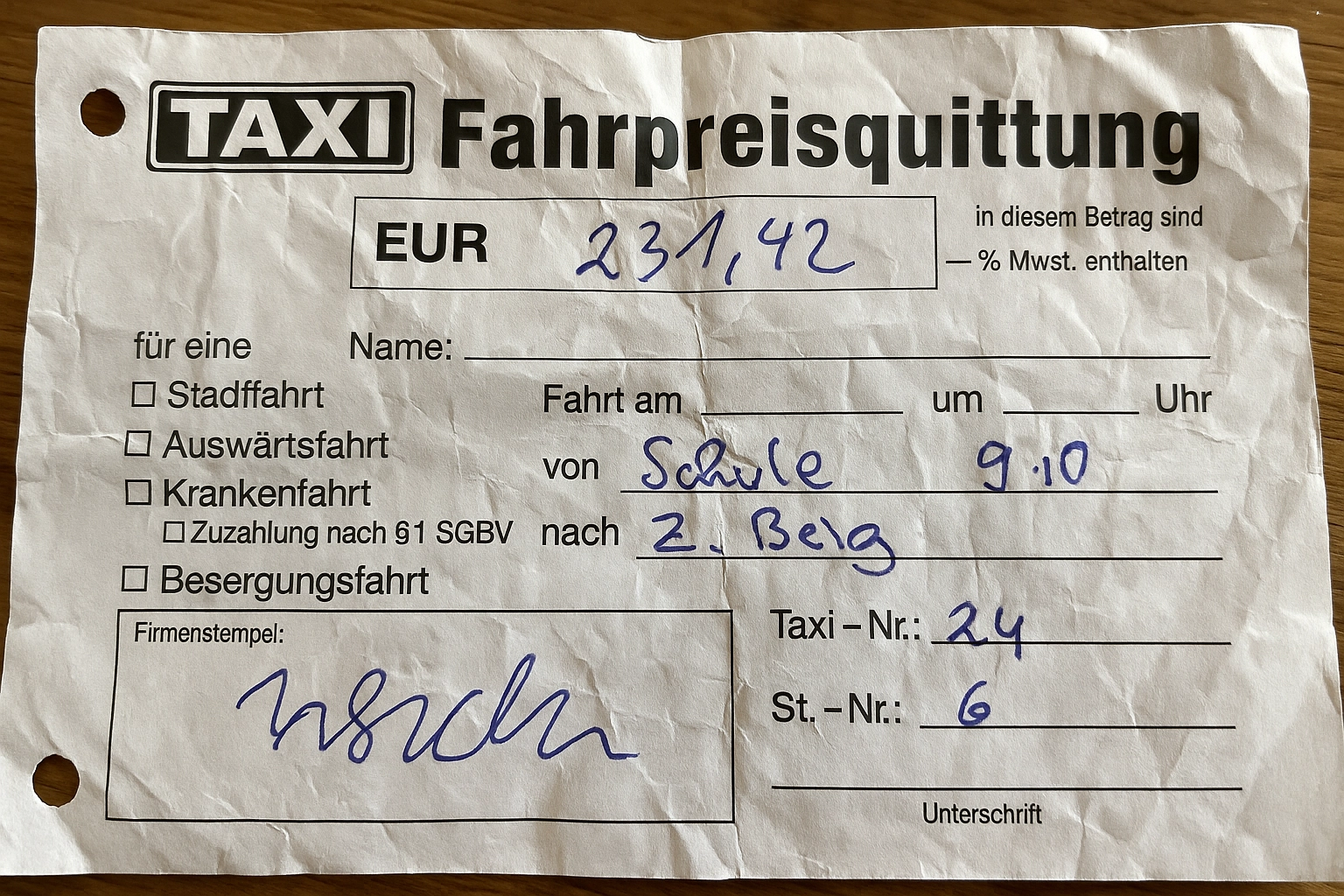 Realistic, but AI-generated image of a handwritten taxi invoice.
