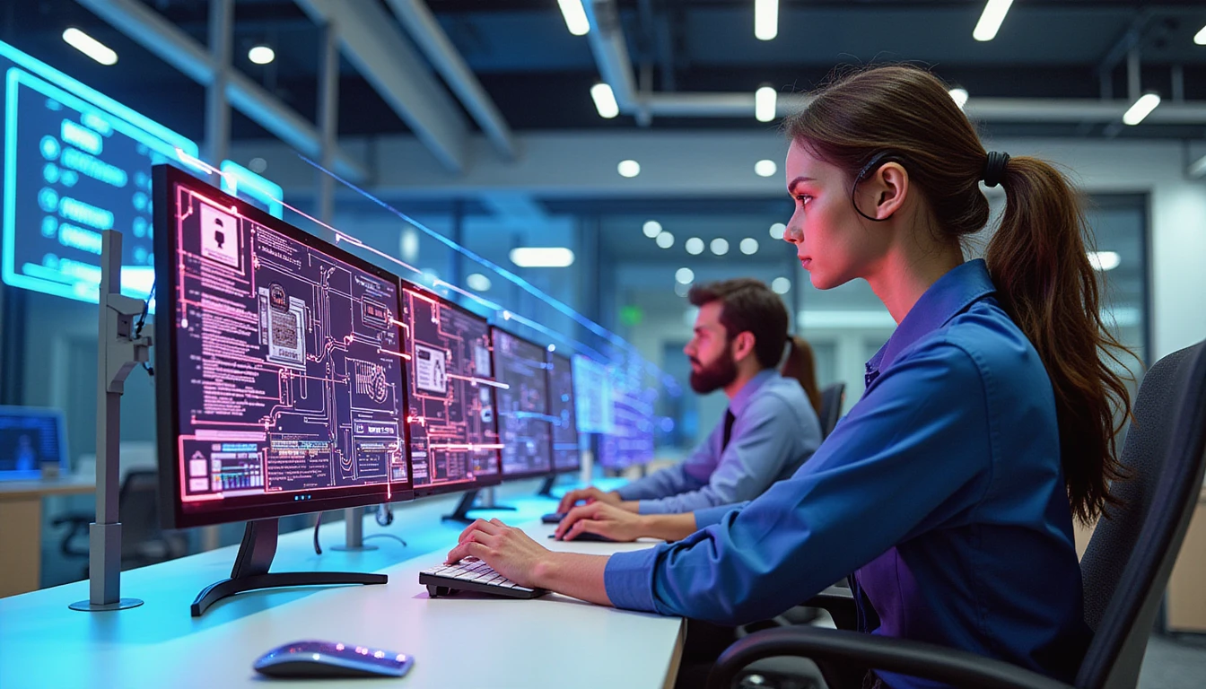Professionals review digital insurance claims at futuristic workstations with AI fraud detection and secure data visualization in background