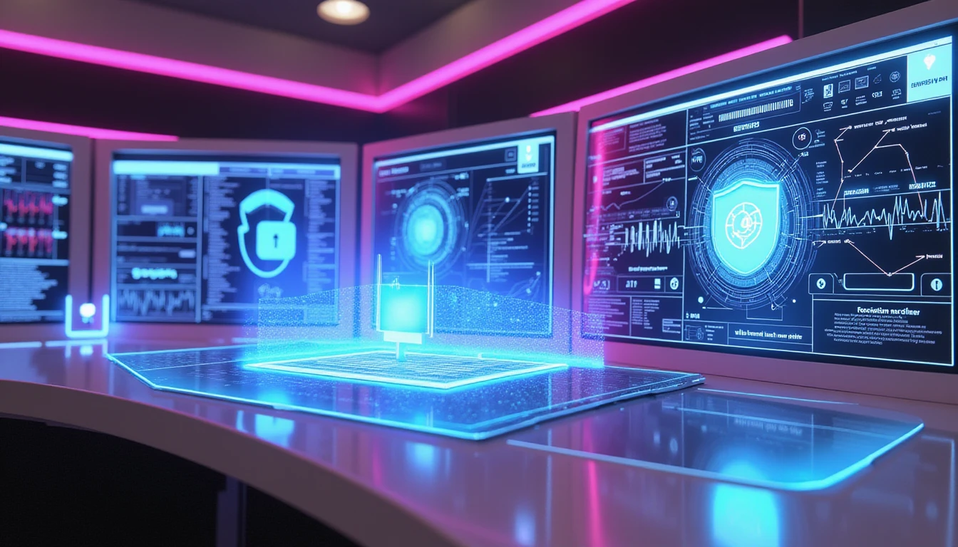 Futuristischer Kontrollraum mit holographischer Rechnungserfassung, KI-Betrugserkennungsgrafiken und digitale Sicherheitselemente, die in Neon beleuchtet sind.