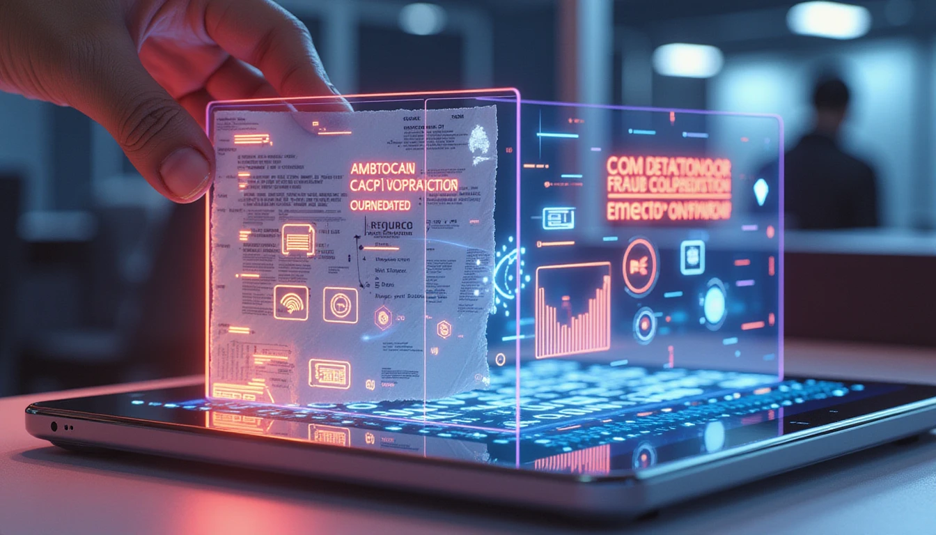 Futuristic office with AI scanning a receipt, overlaid with neon metadata, fraud analytics, and deepfake detection visuals
