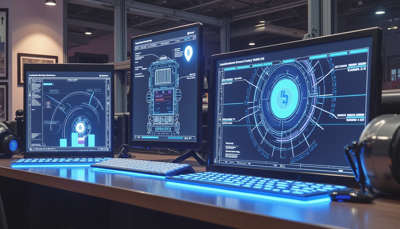 AI-powered fraud detection system in insurance, featuring holographic data displays, metadata scans, and image verification in a futuristic workspace.