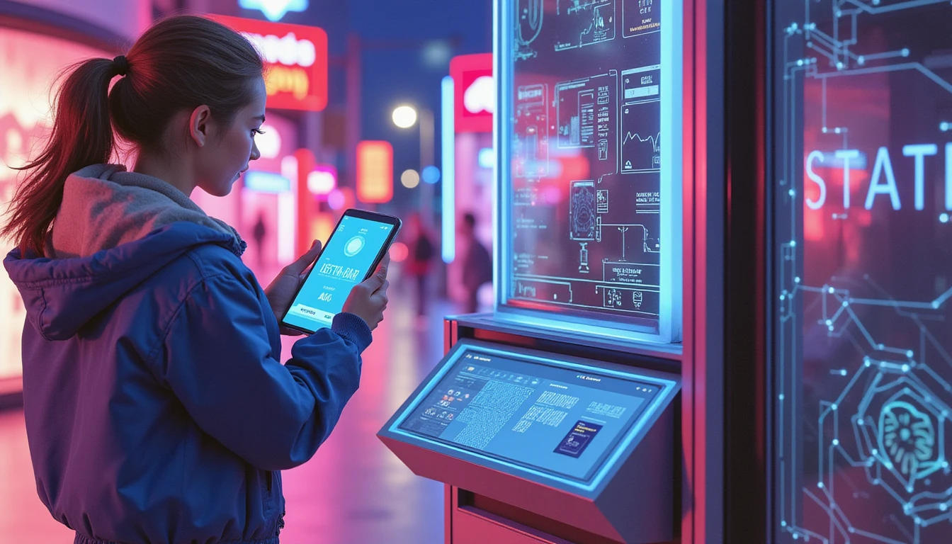 Futuristic dating app interface on smartphone in neon-lit cityscape, with overlays of biometric scans and encrypted data flow.