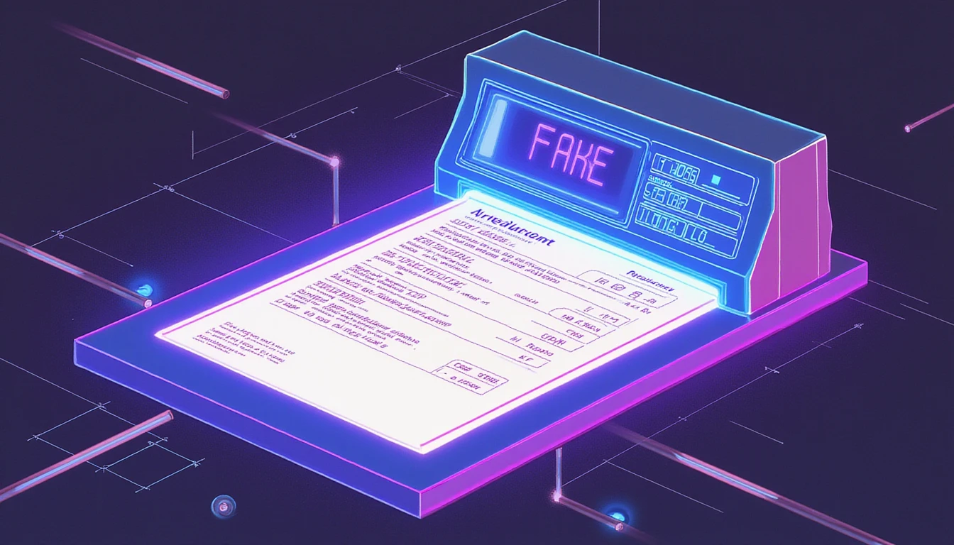 Futuristic neon-glowing interface scanning a fake receipt, visualizing AI fraud detection in expense management systems