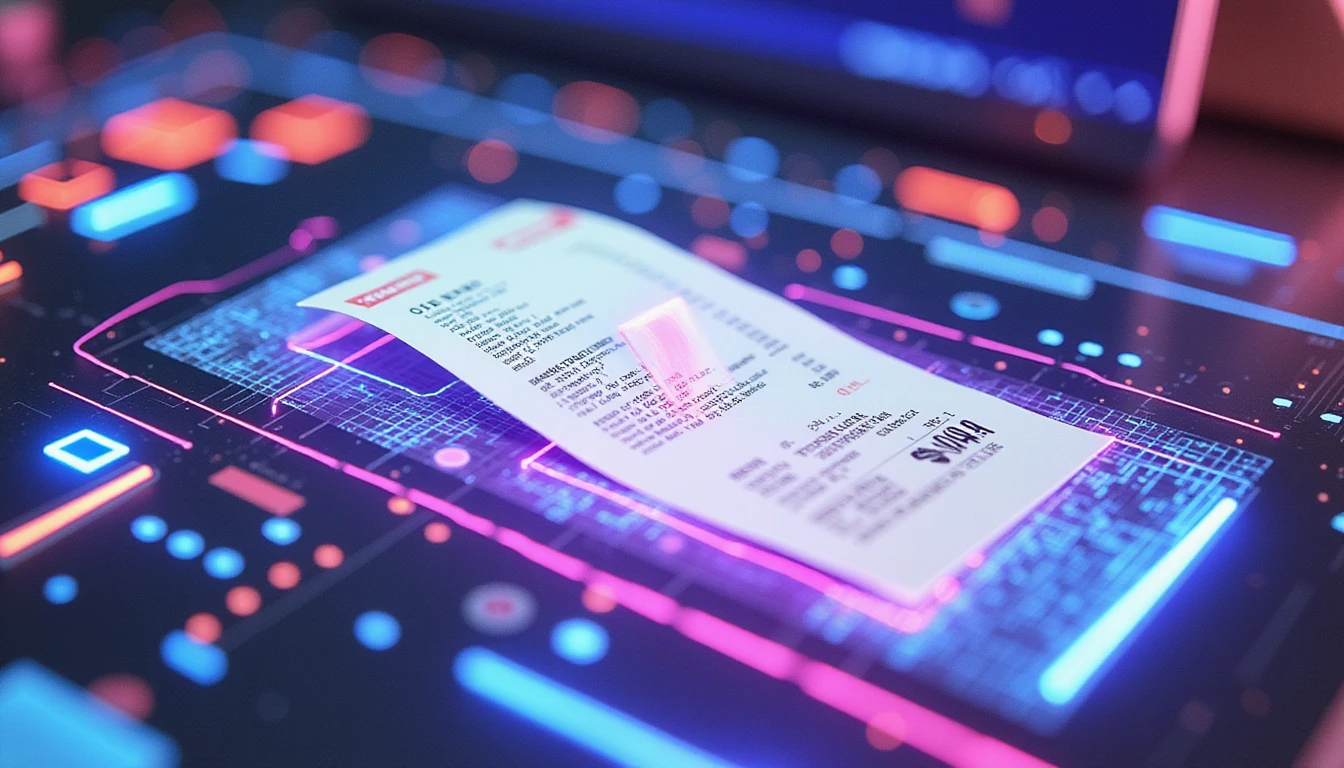 Futuristic receipt OCR system scanning data with neon streams, AI grids, and holographic fraud detection symbols in real time