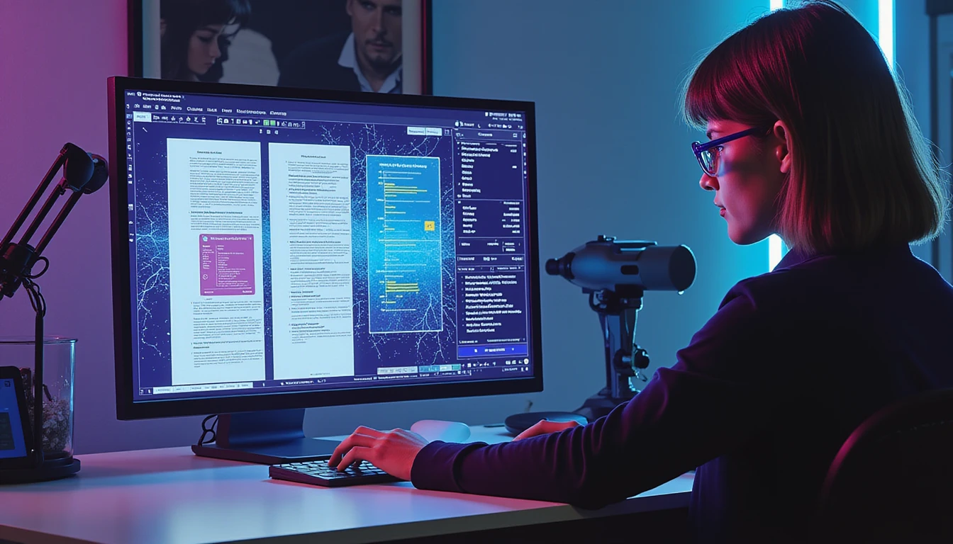 Futuristic insurance office at night with product manager analyzing digital documents on AI-driven fraud detection interface