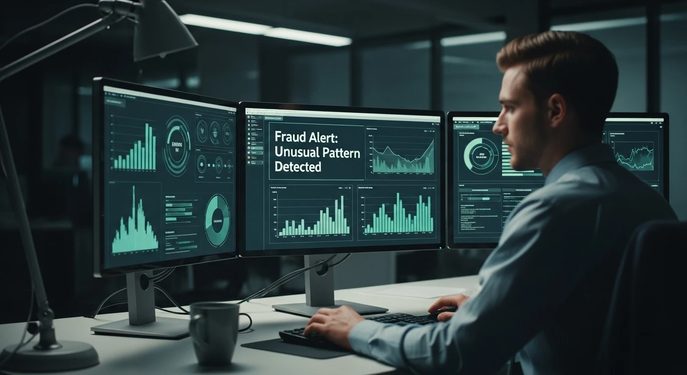 KI Spesen Betrug Erkennung System visualisiert durch eine elegante Benutzeroberfläche zur Analyse digitaler Transaktionen mit präzisen, scharfen Grafiken.