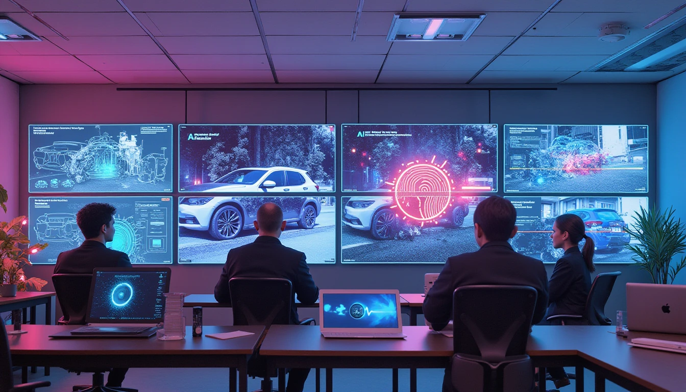 Insurance analysts review AI-highlighted car crash images in a high-tech office focused on fraud detection and data security