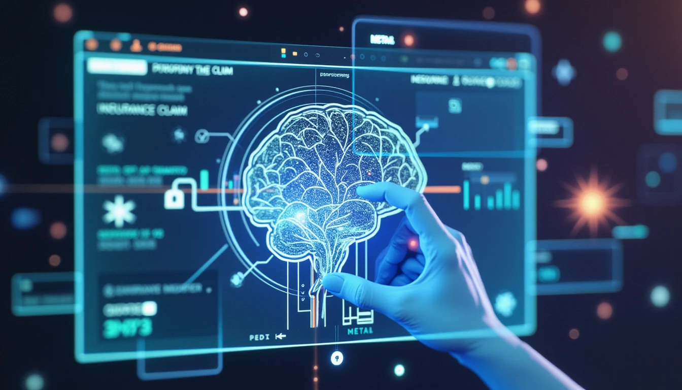 Glowing neural network analyzing digital insurance claim with metadata icons, locks, and neon interface for AI fraud detection